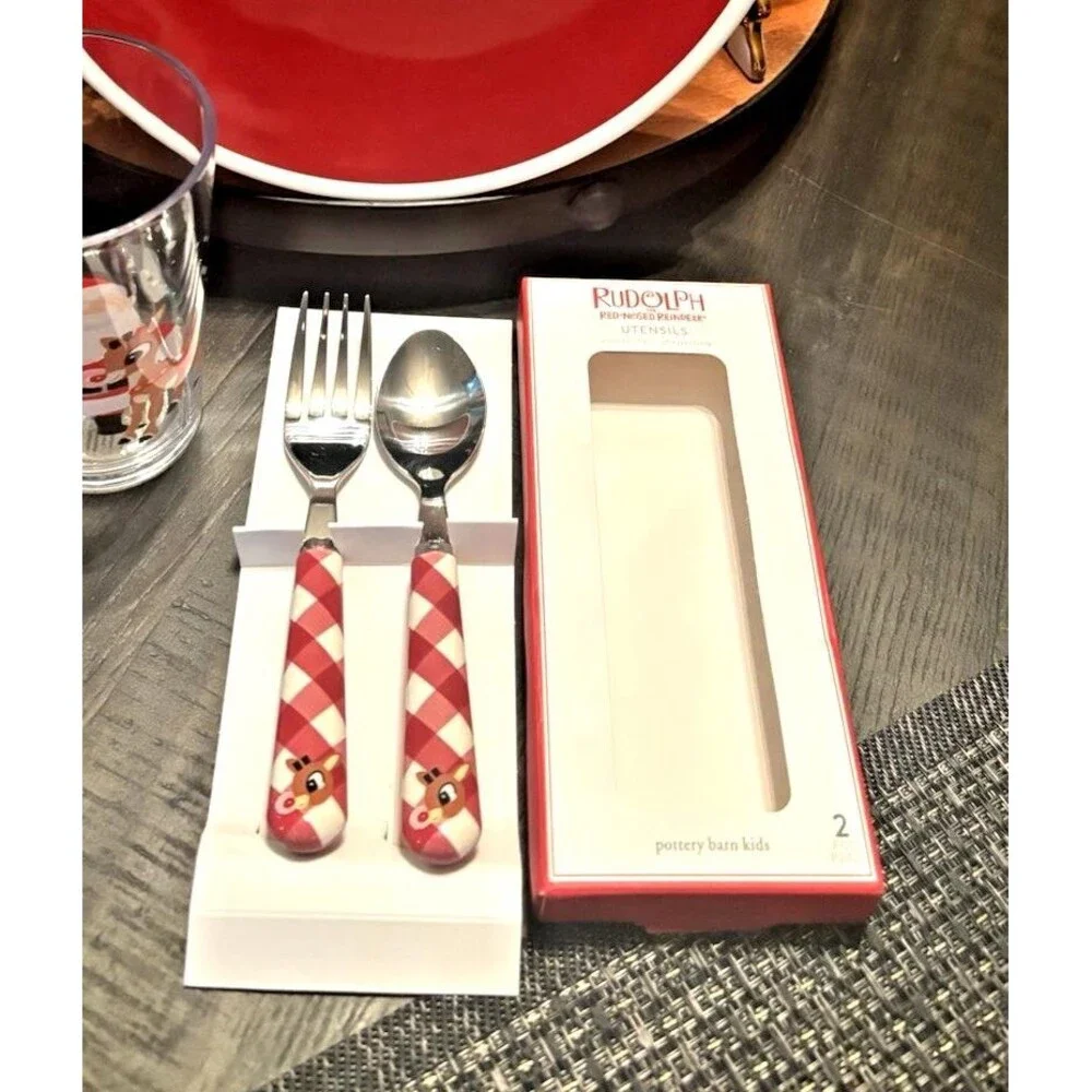 Pottery Barn Rudolph holiday Santa Christmas UTENSIL Plaid party School kid SET